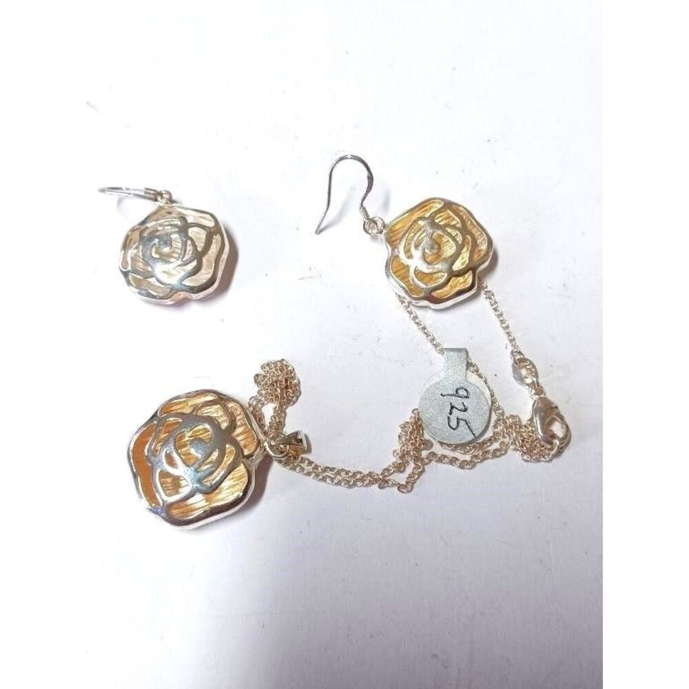 Sterling Silver Open Frame Rose Pendant Necklace & Earrings Two Tone NEW